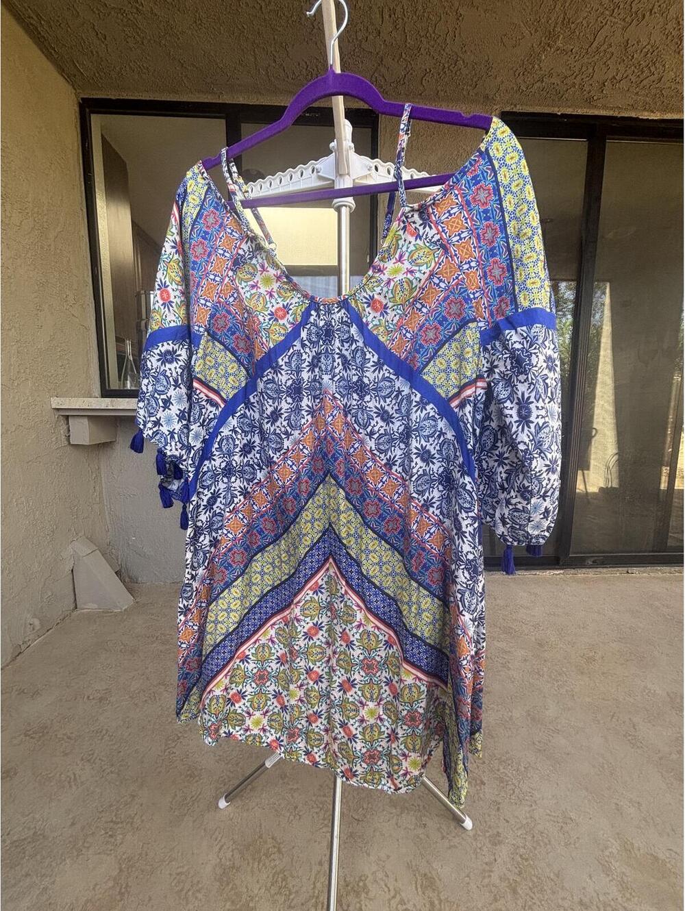 Colorful Bohemian Cold Shoulder Nannette Lepore Dress with Tassels Size Large